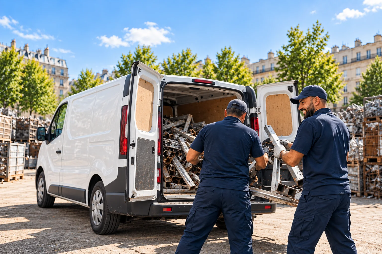 Deux collecteurs chargent des métaux dans un utilitaire.