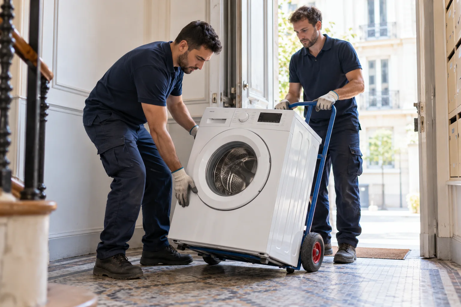Deux collecteurs déplaçant un lave-linge à l’entrée d’un logement