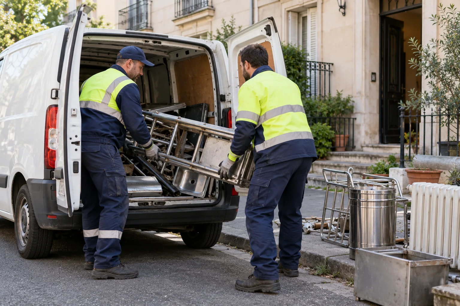 Deux collecteurs chargeant de la ferraille dans un utilitaire à domicile